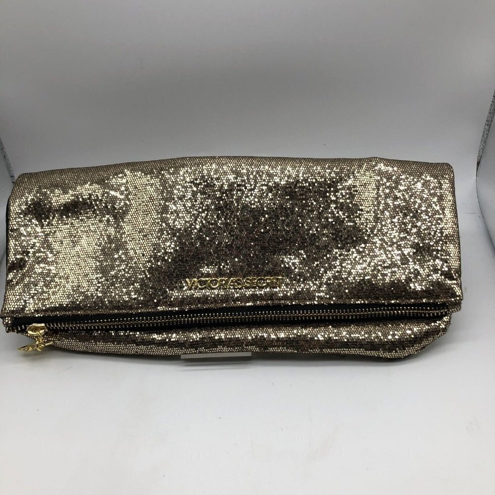 New Victoria Secret Gold Sparkle Clutch Bag Zip Large Foldover Sequins